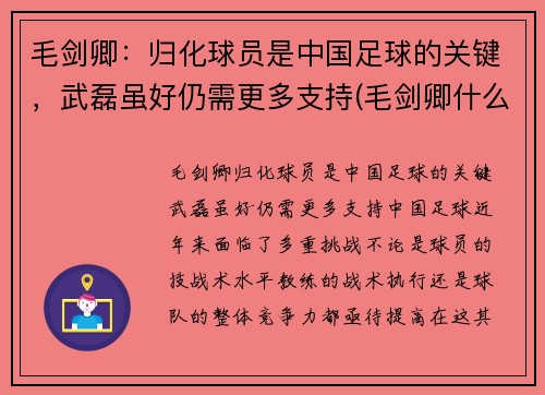 毛剑卿：归化球员是中国足球的关键，武磊虽好仍需更多支持(毛剑卿什么水平)