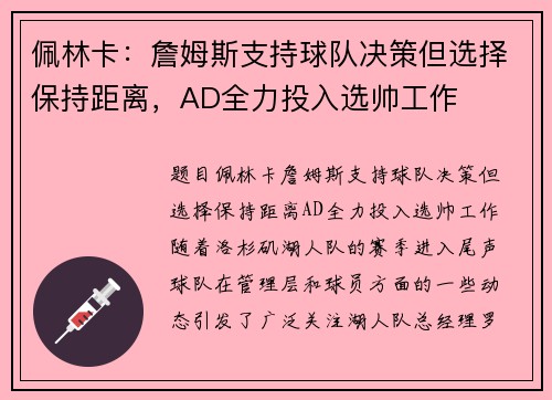 佩林卡：詹姆斯支持球队决策但选择保持距离，AD全力投入选帅工作