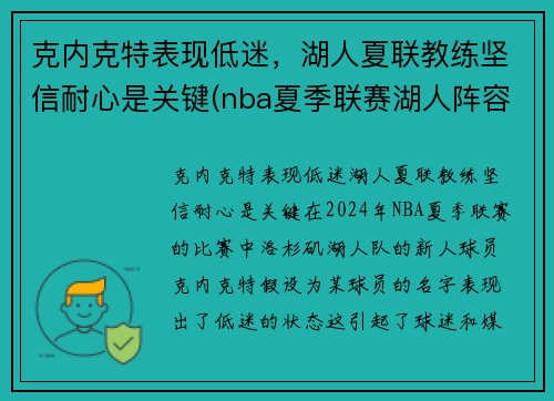 克内克特表现低迷，湖人夏联教练坚信耐心是关键(nba夏季联赛湖人阵容)