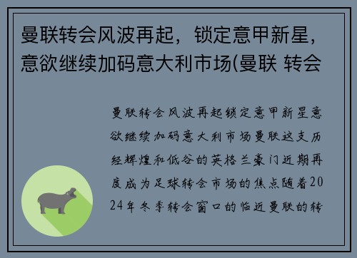 曼联转会风波再起，锁定意甲新星，意欲继续加码意大利市场(曼联 转会市场)