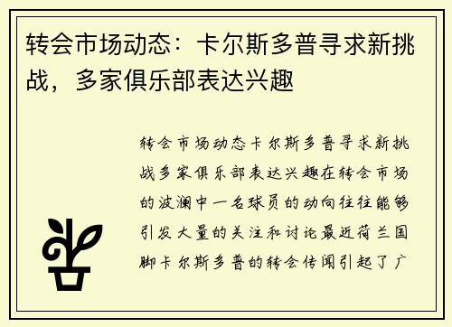 转会市场动态：卡尔斯多普寻求新挑战，多家俱乐部表达兴趣