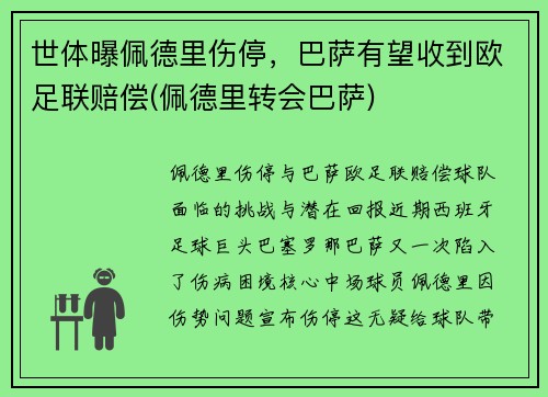 世体曝佩德里伤停，巴萨有望收到欧足联赔偿(佩德里转会巴萨)