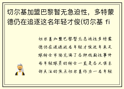 切尔基加盟巴黎暂无急迫性，多特蒙德仍在追逐这名年轻才俊(切尔基 fifa20)