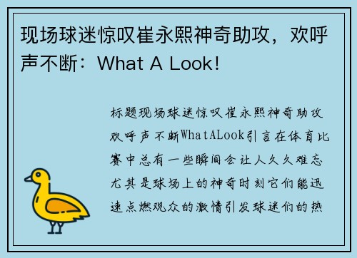 现场球迷惊叹崔永熙神奇助攻，欢呼声不断：What A Look！