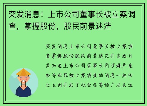 突发消息！上市公司董事长被立案调查，掌握股份，股民前景迷茫